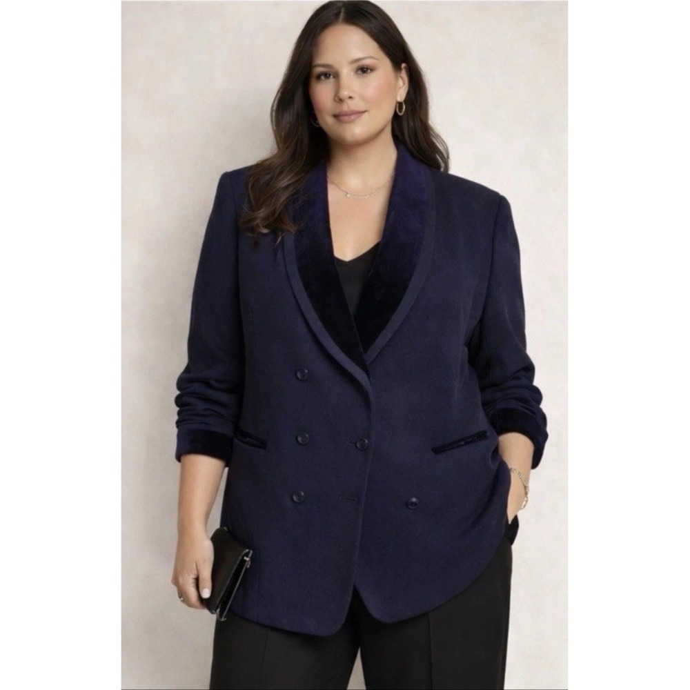 Morgan Taylor Navy Blue‎ Wool Blazer Velvet Shawl Collar Double Breasted Size 18